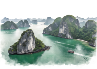 Boat sails through the stunning limestone karsts of ha long bay, vietnam isolated on transparent background