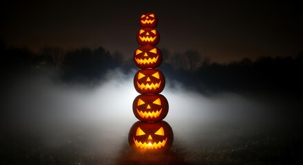 Tower of glowing jack-o'-lanterns stacked against a misty night background, concept for Halloween celebration, autumn themed events and spooky seasonal decorations