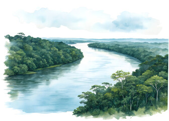 Watercolor painting of amazon river and rainforest isolated on transparent background