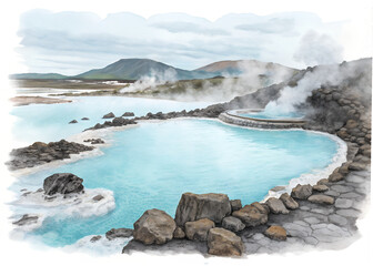 Watercolor illustration of blue lagoon iceland isolated on transparent background
