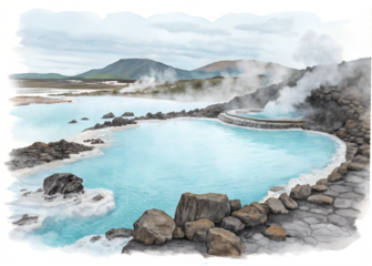 Watercolor illustration of blue lagoon iceland isolated on transparent background