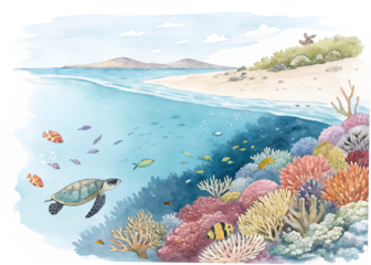 Watercolor painting of a vibrant coral reef with sea turtle and fish isolated on transparent background