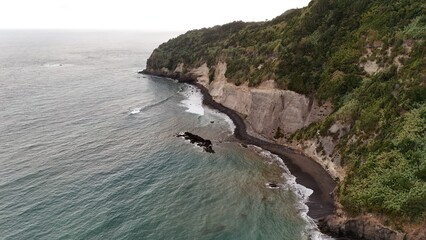 Vista aérea: costa rocosa, vegetación exuberante.