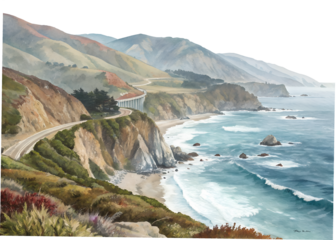 Watercolor painting of bixby bridge and the pacific coast highway in california isolated on transparent background