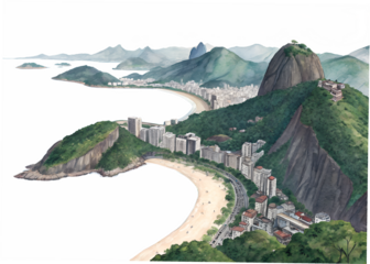 Watercolor painting of rio de janeiro coastline with sugarloaf mountain isolated on transparent background
