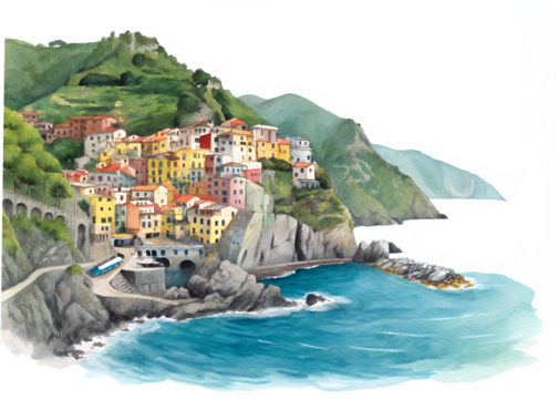 Watercolor painting of corniglia village isolated on transparent background - Powered by Adobe