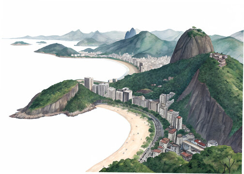 Watercolor painting of rio de janeiro coastline with sugarloaf mountain isolated on transparent background
