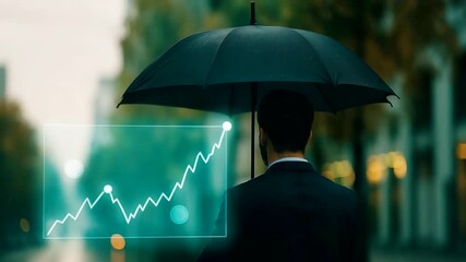 A businessman holding an umbrella in a city street with a digital graph showcasing growth trends, symbolizing success in the financial market. - Powered by Adobe