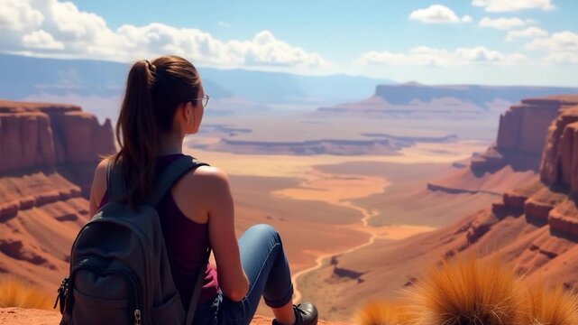 A woman sits at the edge of a cliff, gazing out over a scenic valley