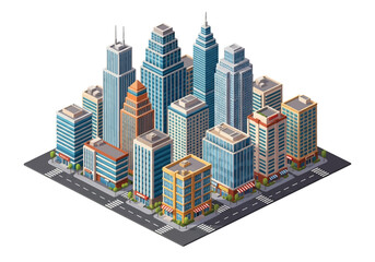 Isometric 3D illustration of a modern city downtown with skyscrapers, office buildings, streets, and cars, symbolizing urban life, business, architecture, and metropolitan development © meeblues
