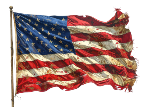 Firefly_A hyper-realistic painting of a weathered American flag, gracefully…ying in a stron 59648.png