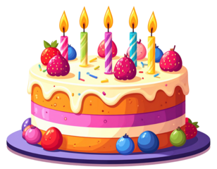 Simple, colorful, and joyful illustration of a decorated birthday cake with lit candles. It features multiple tiers and vibrant sprinkles, ready for a celebration.