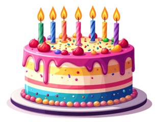 Simple, colorful, and joyful illustration of a decorated birthday cake with lit candles. It features multiple tiers and vibrant sprinkles, ready for a celebration.