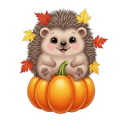 Fototapeta premium Comic-Igel auf Kürbis, transparenter Hintergrund, PNG