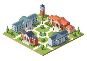 Isometric 3D view of a university campus with classical buildings, clock tower, green courtyard, and students walking, symbolizing education, knowledge, learning, and academic life