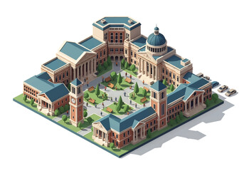 Isometric 3D view of a university campus with classical buildings, clock tower, green courtyard, and students walking, symbolizing education, knowledge, learning, and academic life