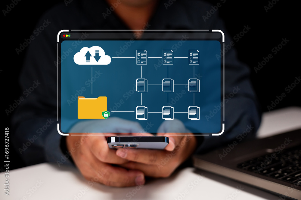Poster a person interacts with a digital interface showing cloud storage and data management, symbolizing t