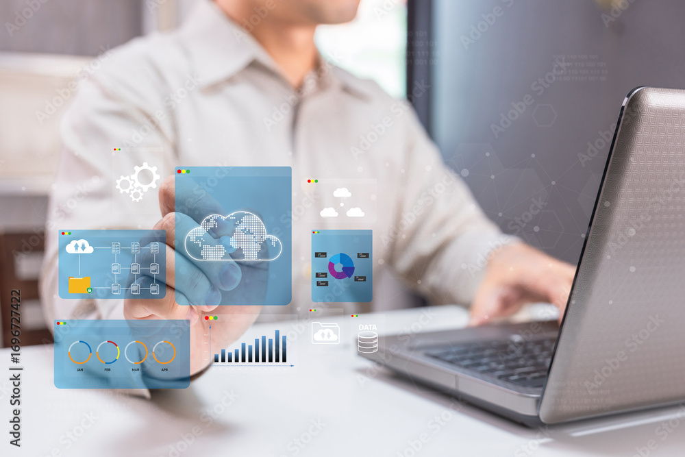 Fototapete a person interacts with cloud-based data visualizations on a laptop, showcasing technology and digit