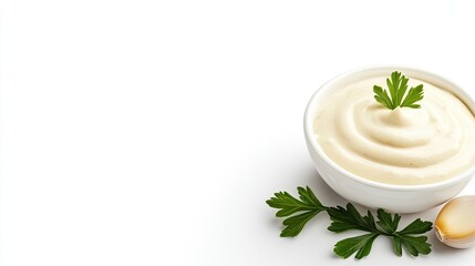 Creamy sauce with herbs and garlic on white
