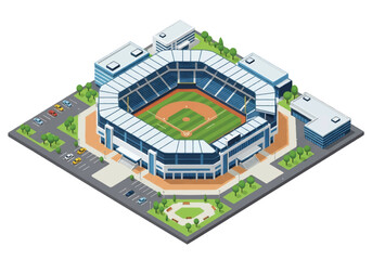 Isometric 3D view of a baseball stadium surrounded by team offices and facilities, showcasing field, stands, and lights, symbolizing sports, teamwork, competition, and fan entertainment