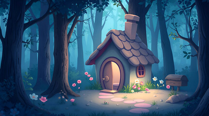 Enchanted Rabbit House in a Magical Forest: Gentle Soft Light and Cool Color Palette of Blues, Greens, and Purples