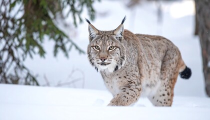 Obraz premium A majestic lynx strolls through a snowy forest landscape, its gaze focused and alert.
