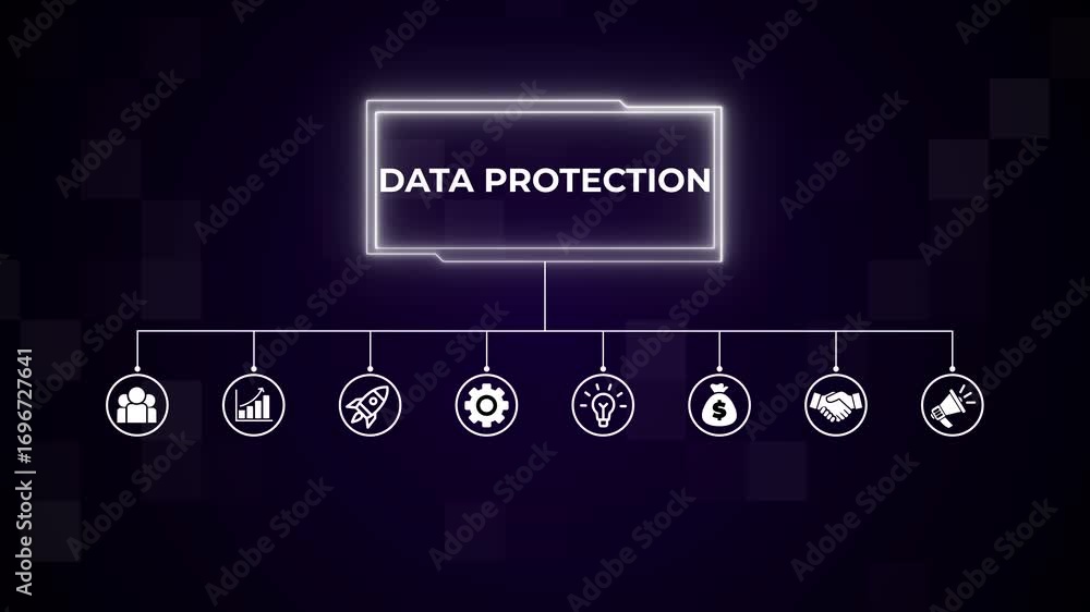 Poster futuristic holographic interface with various icons and the words data protection. performance metri