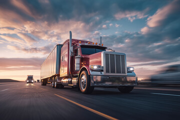 A red semi truck on a road. Concept of truck shipping, logistics and transportation. American national truck driver appreciation week.	
