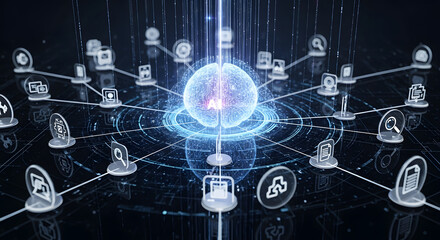 Artificial Intelligence Brain with Application Icons Representing Connected Neural Networks