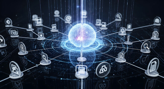 Artificial Intelligence Brain with Application Icons Representing Connected Neural Networks - Powered by Adobe