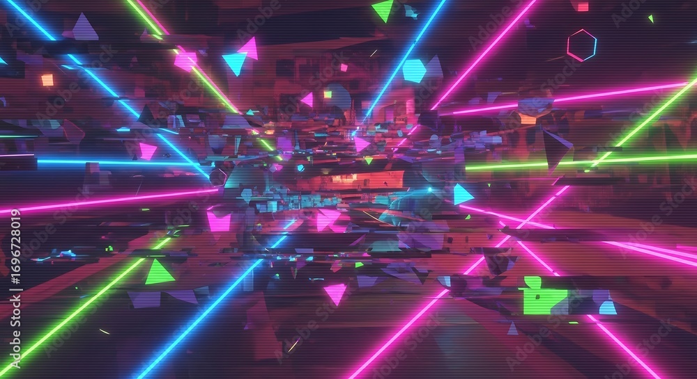 Aufkleber retro geometric shapes illuminated by neon laser beams create a vibrant abstract design, concept for
