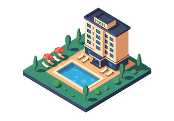 Isometric 3D view of a modern hotel with swimming pool, sun loungers, umbrellas, and landscaped area, representing travel, tourism, vacation, hospitality, and leisure lifestyle concepts