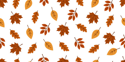 Seamless pattern of autumn leaves in warm shades of orange and brown, creating a vibrant fall-themed design