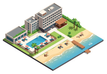 Isometric 3D view of a seaside resort with hotel, swimming pool, beach umbrellas, palm trees, and boats, representing travel, vacation, tourism, leisure, and luxury lifestyle concepts