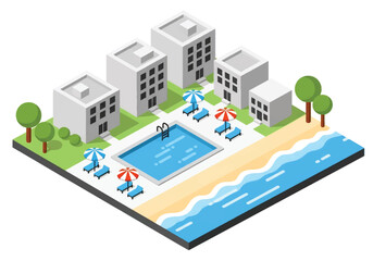 Isometric 3D view of a seaside resort with hotel, swimming pool, beach umbrellas, palm trees, and boats, representing travel, vacation, tourism, leisure, and luxury lifestyle concepts