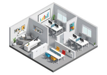 Isometric 3D view of a modern office interior with desks, computers, meeting room, lounge area, and plants, representing workplace, teamwork, business environment, and corporate lifestyle concepts