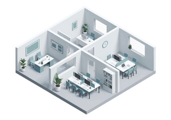Isometric 3D view of a modern office interior with desks, computers, meeting room, lounge area, and plants, representing workplace, teamwork, business environment, and corporate lifestyle concepts