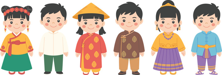  Cartoon children wearing traditional Asian clothes, cultural costume collection, multicultural diversity concept, ethnic outfits, cultural heritage, international kids illustration.eps