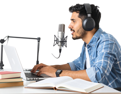 Educational Podcast Setup with Books and Notes, Side Angle, isolated transparent background png
