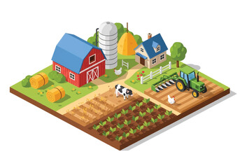 Isometric 3D view of a farm with barn, tractor, fields, and animals including cow, pig, and sheep, representing agriculture, farming, livestock, and rural lifestyle concepts