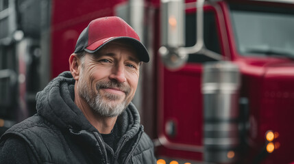 Middle-aged truck driver in a baseball cap standing by his red semi-truck. Concept of truck shipping, logistics and transportation.