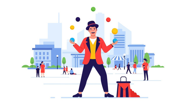 Juggling Act: An entertainer, with skill and showmanship, balances multiple colored balls in a dynamic display, captivating onlookers and the cityscape beyond.