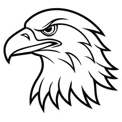 Black and white illustration of a fierce eagle head profile on white background Keywords: eagle, head
