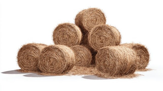 Golden hay bales stacked on white background. Artificial intelligence image