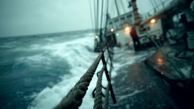 Rough seas and strong winds aboard a ship, with the rope in focus as the stormy ocean crashes around.