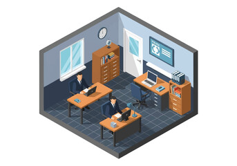 Isometric 3D view of a police office with desks, computers, filing cabinets, and paperwork, representing law enforcement, security, investigation, and administrative work concepts
