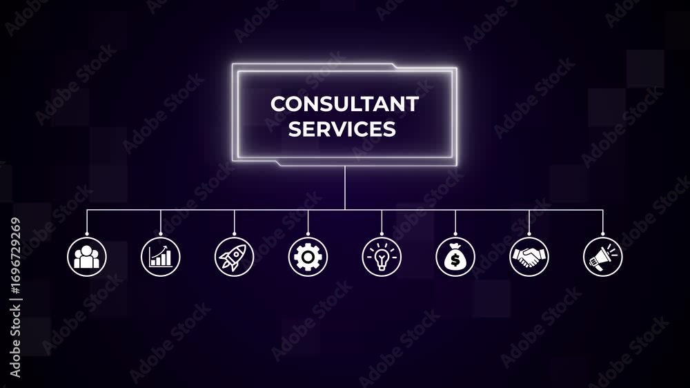 Poster consultant services on a futuristic interface. performance metrics, and business insights from large