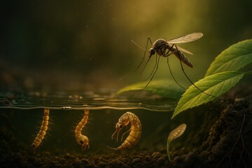 Dramatic mosquito life cycle underwater with larva pupa and adult mosquito above the water line