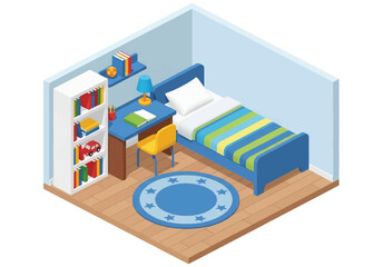Isometric 3D view of a modern kids bedroom with bed, desk, chair, bookshelf, lamp, and rug, designed for study, play, comfort, and family lifestyle concepts