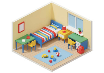 Isometric 3D view of a modern kids bedroom with bed, desk, chair, bookshelf, lamp, and rug, designed for study, play, comfort, and family lifestyle concepts